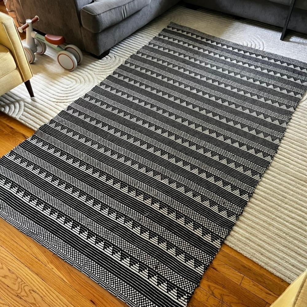 Black Cream Geometric Reversible Flatweave Area Rug 5x8 Handwoven Boho Textile